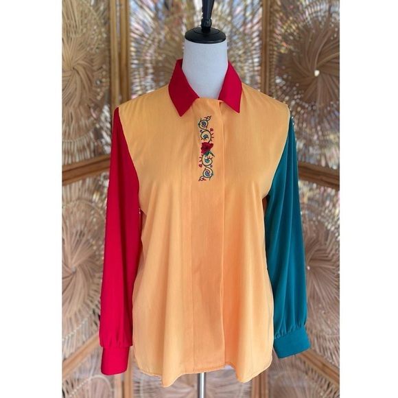 Vintage Eva Polyester Color Block Blouse Red Yellow Green with Embroidered Rose - Picture 4 of 8